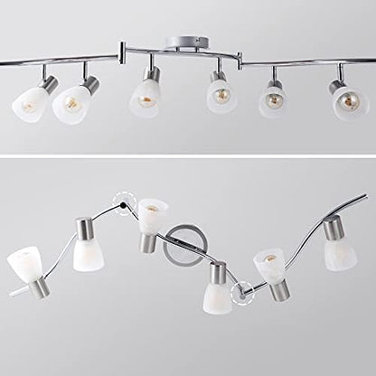 Unikcst Modern LED Ceiling Light Rotatable 6 Way Spotlight Bar Brushed Nickel Spots Fitting for Kitchen Living Room with 6X 4W E14 Bulbs Warm White