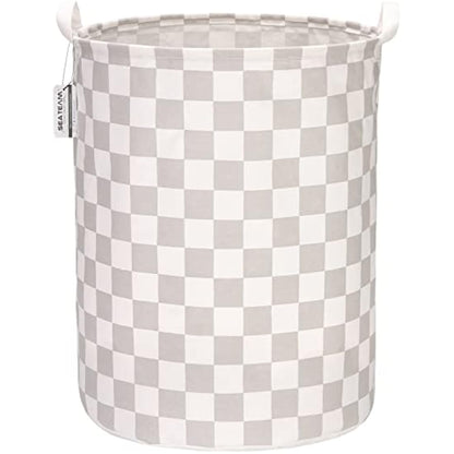 Sea Team 19.7 Inch Large Sized Waterproof Coating Ramie Cotton Fabric Folding Laundry Hamper Bucket Cylindric Burlap Canvas Storage Basket with Stylish Grid Grey Design