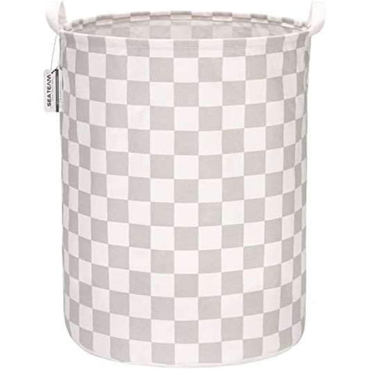 Sea Team 19.7 Inch Large Sized Waterproof Coating Ramie Cotton Fabric Folding Laundry Hamper Bucket Cylindric Burlap Canvas Storage Basket with Stylish Grid Grey Design