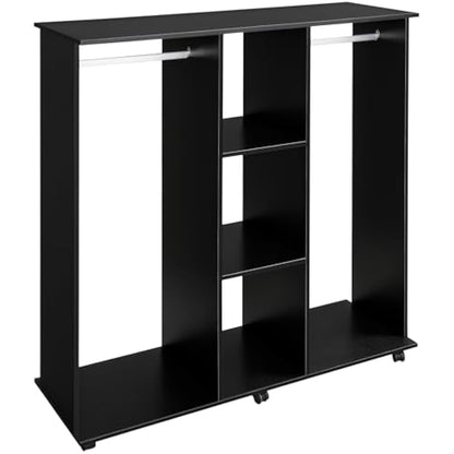 HOMCOM Double Open Wardrobe on Wheels, Bedroom Wardrobe with Clothes Hanging Rails, 3 Storage Shelves, Mobile Garment Rack for Cloakroom, Hallway, Black