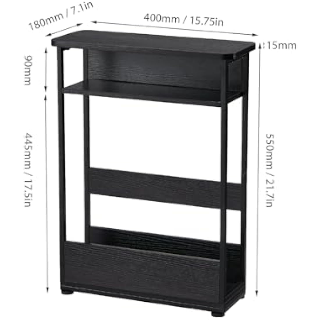 YEAKOO Narrow Side Table for Narrow and Small Spaces, Skinny Bedside Table Small Nightstand with Magazine Rack Space Saving (Black, M)