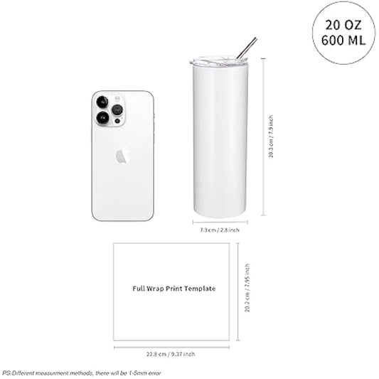 PYD Life Sublimation Blanks Skinny Tumbler White 20 OZ Straight Stainless Steel Tumbler with Metal Straw for Mug Tumbler Heat Press Machine Sublimation Printing 4 Pack