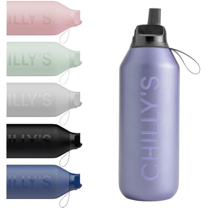 Chilly's Series 2 Flip Water Bottle with Sports Lid, Telescopic Straw and Nylon Carry Loop - Easy Flip Lid, Straw Cleaning Brush Included