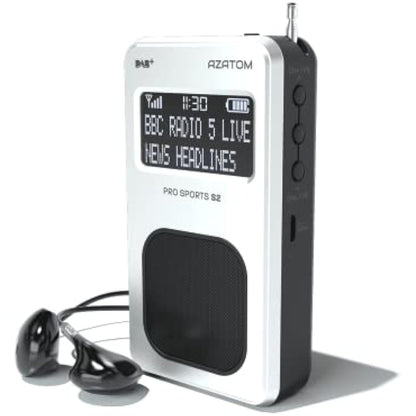Portable DAB/DAB+ & FM Digital Radio | Sports Earphones Included | Built in Speaker | Rechargeable Battery (10-12 Hours) | Perfect for Sports, Hiking or Working | AZATOM Pro Sports S2 (Silver)