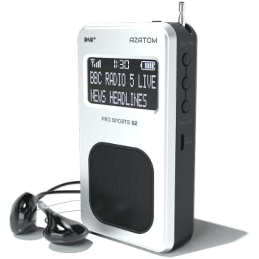 Portable DAB/DAB+ & FM Digital Radio | Sports Earphones Included | Built in Speaker | Rechargeable Battery (10-12 Hours) | Perfect for Sports, Hiking or Working | AZATOM Pro Sports S2 (Silver)