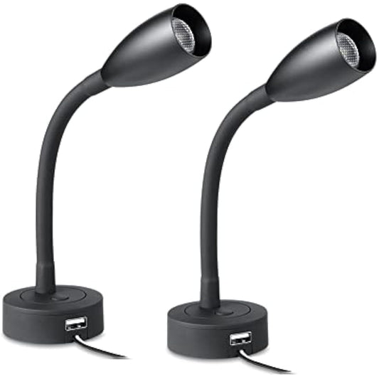 Obeaming 12V LED Dimmable Reading Light, Bedside Reading Lamp with USB Charger Flexible Gooseneck Wall Lamp for Camper Van Caravan Motorhome Truck Boat Interior Lighting, DC12V 24V 2Pack