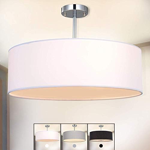 SPARKSOR Ceiling Light, Modern Fabric Pendant Light Shade, Large White Drum Lampshade, Round Pendant Lamp, for Bedroom Living Room, Flush Chrome Matt, 3 Bulb, E27