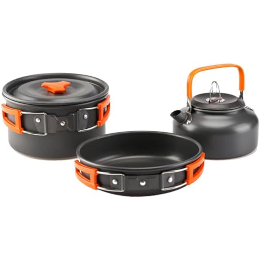 aiGear Camping Cooking Set/Cooking Mess Kit | Outdoor Camping Essentials - Pot Pan and Kettle | Portable Lightweight Aluminum | for 2-3 People to Backpacking Hiking Trekking Picnic