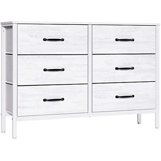 LYNCOHOME Chest of Drawers, TV Unit with 6 Drawers, TV Stand Cabinet with Deep and Large Drawers for Living Room，Bedroom, Sitting Room, White,30D x 110W x 82.5H