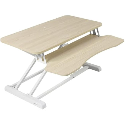 VIVO 81cm Desk Converter, K Series, Height Adjustable Sit to Stand Riser, Dual Monitor and Laptop Workstation with Wide Keyboard Tray, Light Wood Top, White Frame, DESK-V000KF