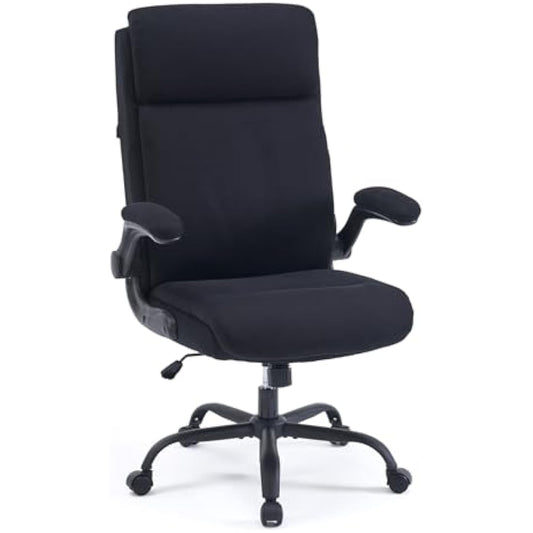 CASTLOVE Ergonomic Office Chair for Home - Computer Desk Chair with Back Support - Flip Up Armrest - High Back - Height Adjustable - Rocking Function (Fabric Office Chair Black Max 150 kg)
