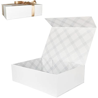 Tekhoho White Large Gift Box 33x23.7x10 cm, Premium Present Box with Magnetic Lid and Ribbon for Holidays Wedding Birthday Gift Packaging, Plaid Lining