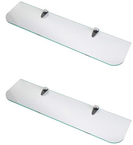 6mm Thick Toughened Glass Shelves With Curved Corners and Large Chrome Finish Shelf Supports 600mm (24” approx) and 500mm (20” approx) Black