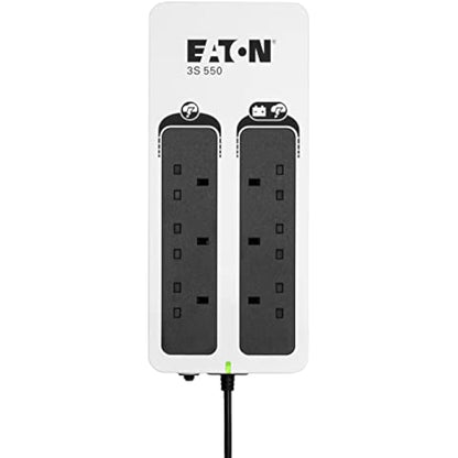Eaton 3S 550B UPS - Off Line Uninterruptible Power Supply - 3S550B - 550VA (6 BS outlets, USB, Quiet, Shutdown software) - USB Interface (cable included) - Black&White
