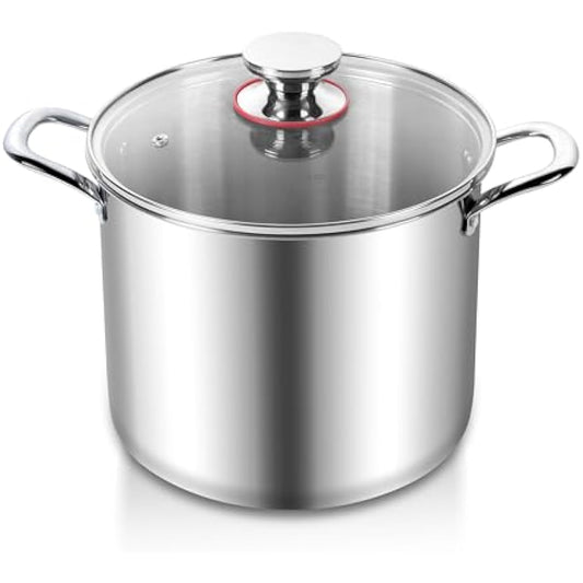 Joyfair Large Stock Pot, 10L Tri-Ply Stainless Steel Stockpot with Glass Lid, Induction/Gas/Ceramic/Electric/Halogen Safe Soup Pot for Simmering Stewing, Heavy-Duty & Riveted Handles & Easy Clean
