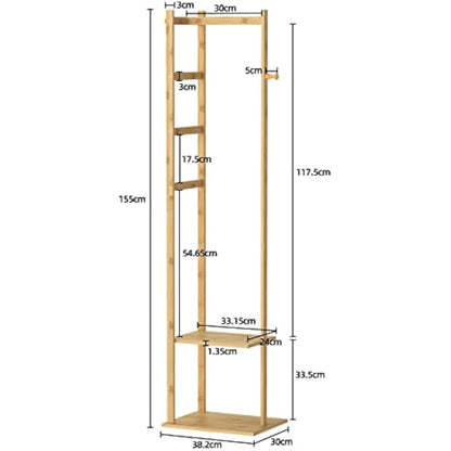 unho Bamboo Clothing Rack, Corner Coat Rack Stand Hall Trees Free Standing Clothes Hanging Rail Garment Rack with 2 Shelves 3 Hanger Hooks and Pants Hanger for Entryway Bedroom Living Room