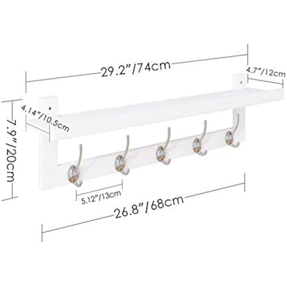 SMIBUY Coat Hooks with Shelf Wall-Mounted, 74 cm Entryway Coat Rack for Wall, Bamboo Hanging Shelf with 5 Double Metal Hooks for Bathroom, Bedroom, Kitchen, Living Room, Mudroom (White)