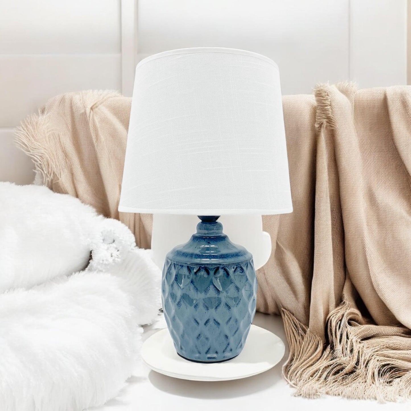 AcaciaHome Sophisticated and Durable 40cm Blue Ceramic Table Lamp with White Drum Shade - Elegant Home Decor with Functional Design for bedrooms, Living Rooms, or Studies Room (Round/Tall Blue Vase)