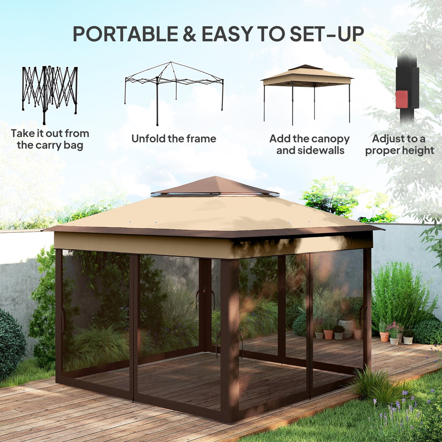 Outsunny 3 x 3(m) Pop Up Gazebo with Netting and Carrying Bag, Party Tent Instant Event Shelter, Height and UV-Resistant,, Beige