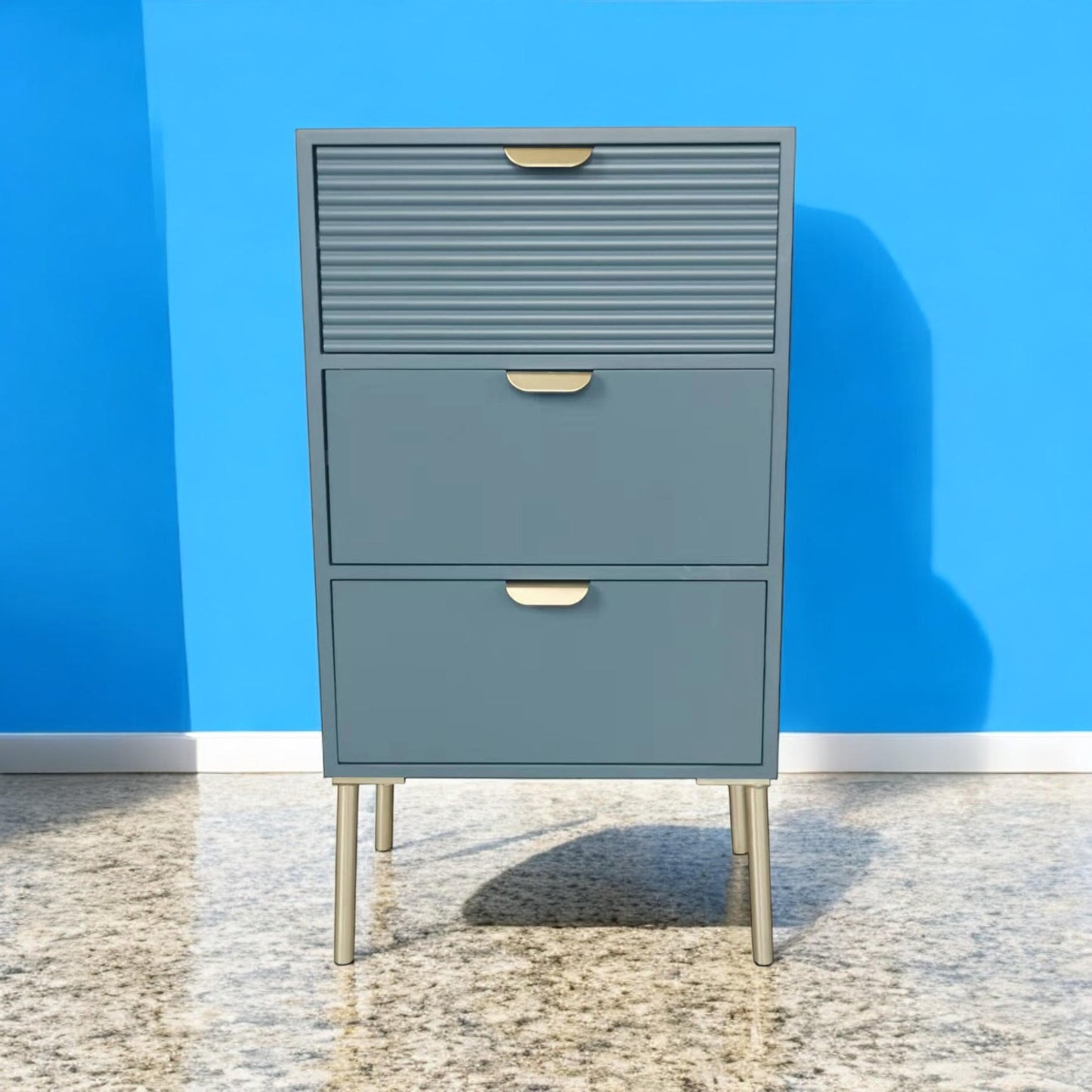AcaciaHome Durable and Functional Wooden 3 Drawer Chest – Compact Storage Solution with 3-drawer chest, pine top, metal handles, and ample storage in a sleek for modern bedrooms (Blue)