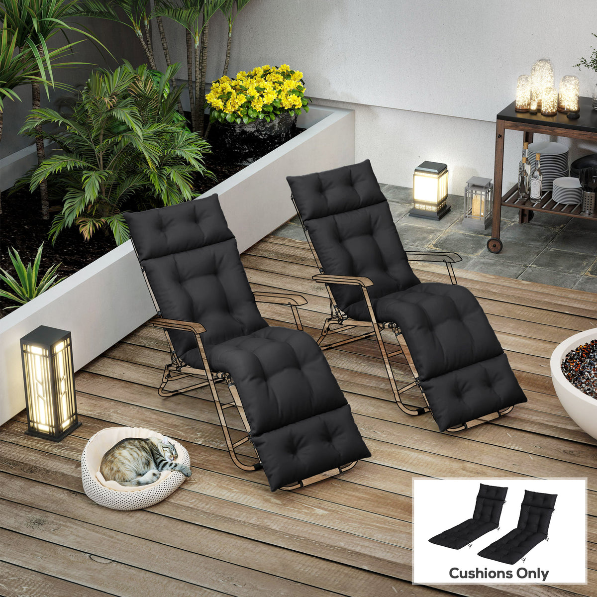 Outsunny Set of Two 190 x 56cm Sun Lounger Cushions - Black