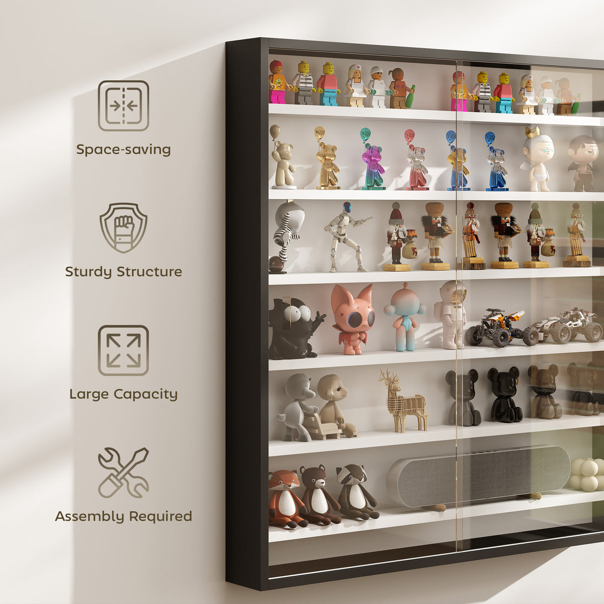HOMCOM Six Shelf Display Cabinet, with Glass Doors - Black and White