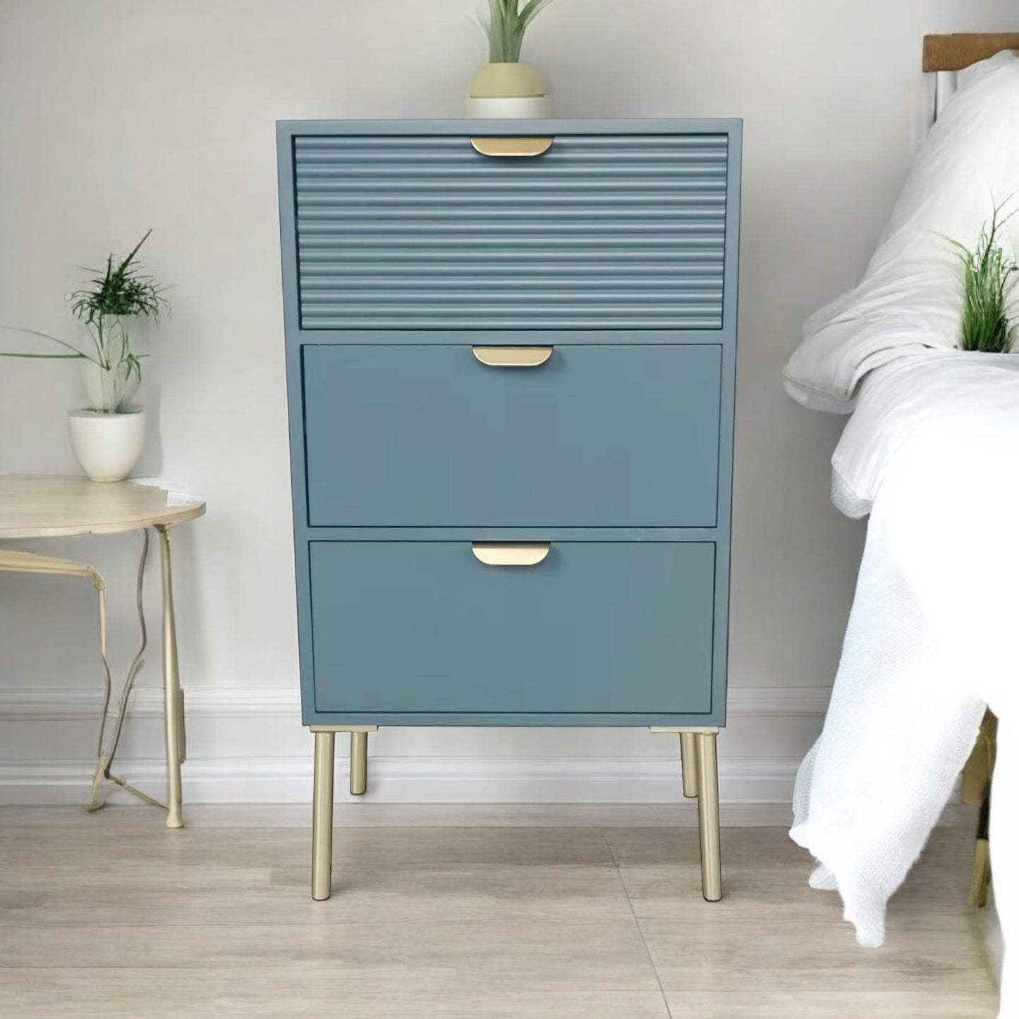 AcaciaHome Durable and Functional Wooden 3 Drawer Chest – Compact Storage Solution with 3-drawer chest, pine top, metal handles, and ample storage in a sleek for modern bedrooms (Blue)