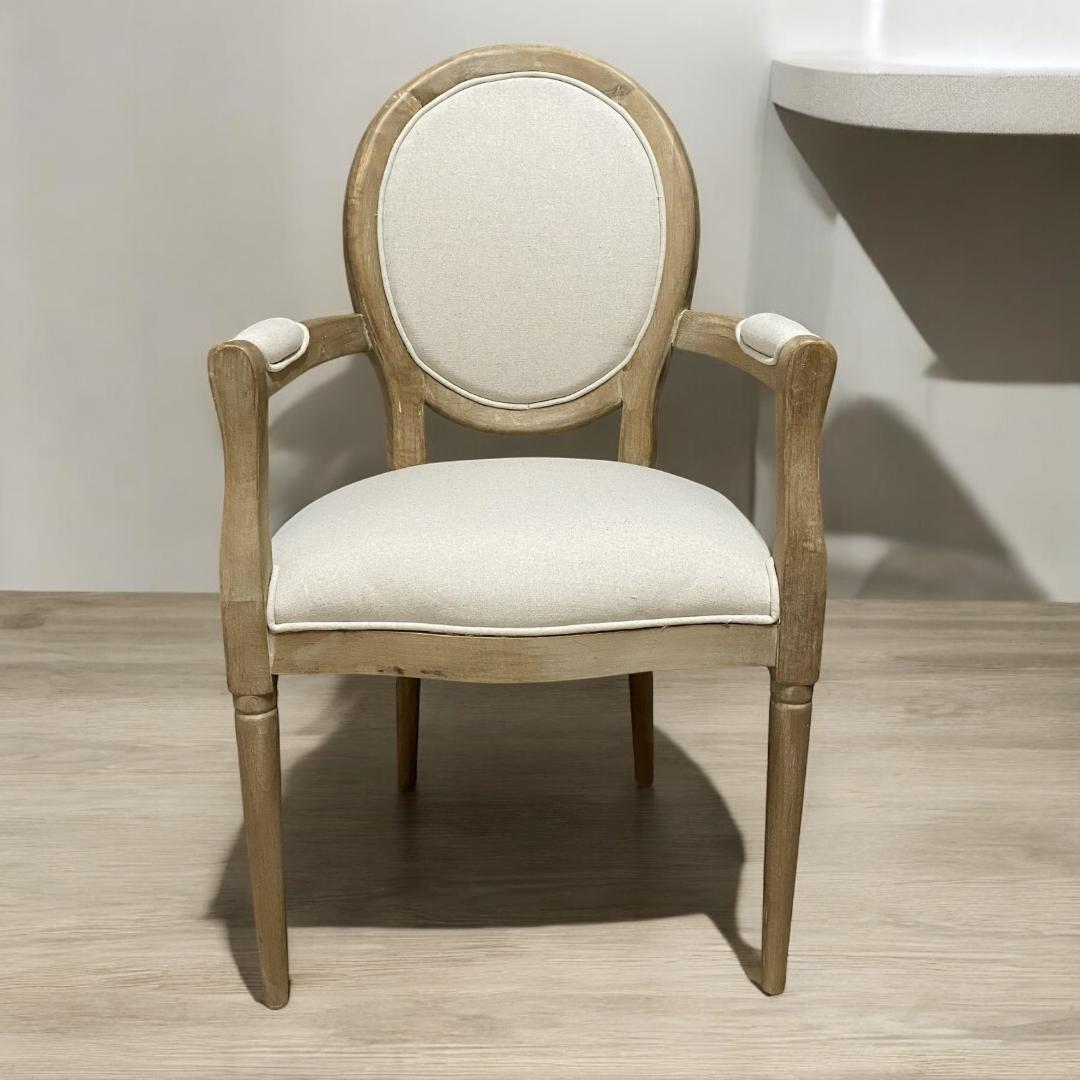Elegant and Comfortable 94CM Louis Style Cream Linen Armchair - Oak/Grey Frame French Style Dining Chair with High Back Design for Modern Home Décor or Dining Spaces (Oak Frame Cream Linen)
