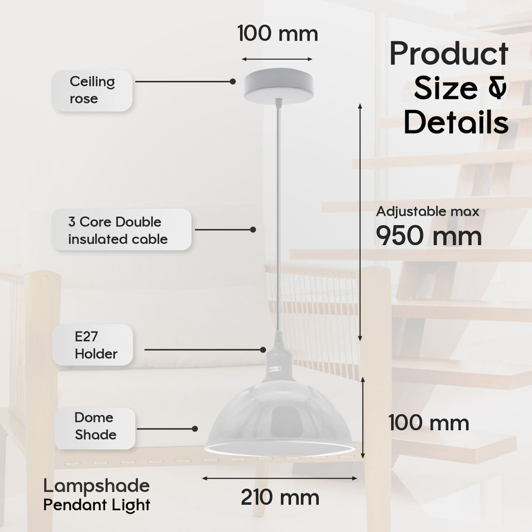 2Pack Dome Shaped White Loft Style Sturdy Metal Lamp Shade Pendant Lights 21cm Bottom Spray Painted Finish Inner White