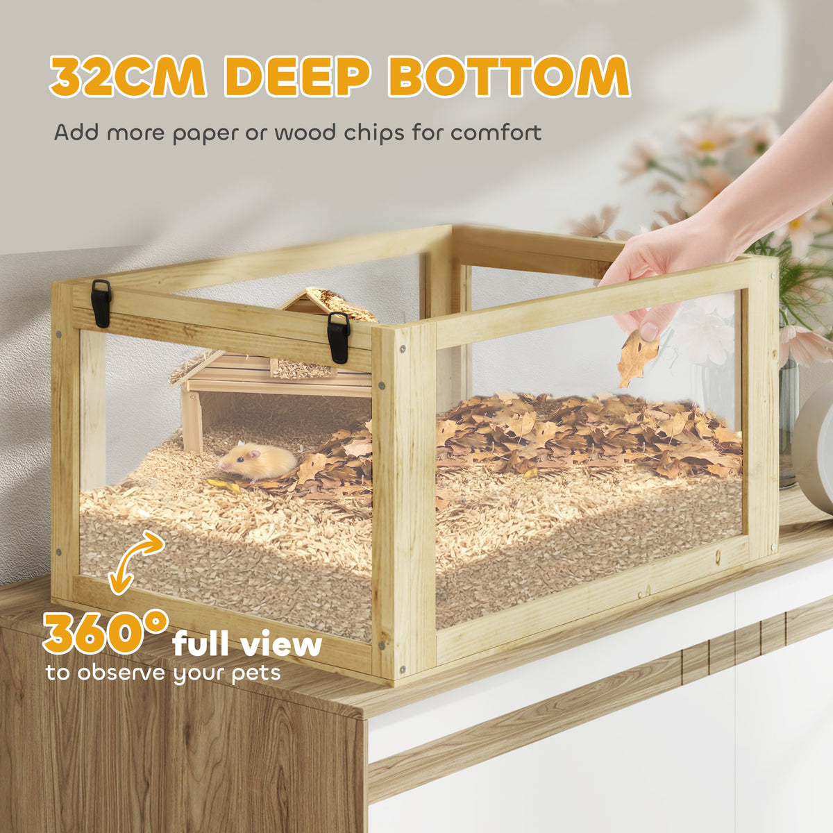PawHut Wooden Hamster Cage with Detachable 32cm Deep Bottom, Hut, Seesaw, Exercise Wheel, Ramp, 60 x 40 x 75cm, Natural