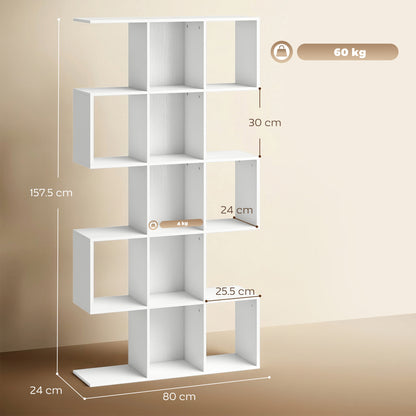 HOMCOM 5-Tier Bookshelf, S Shaped Geometric Bookcase with 15 Compartments, White Wood Effect