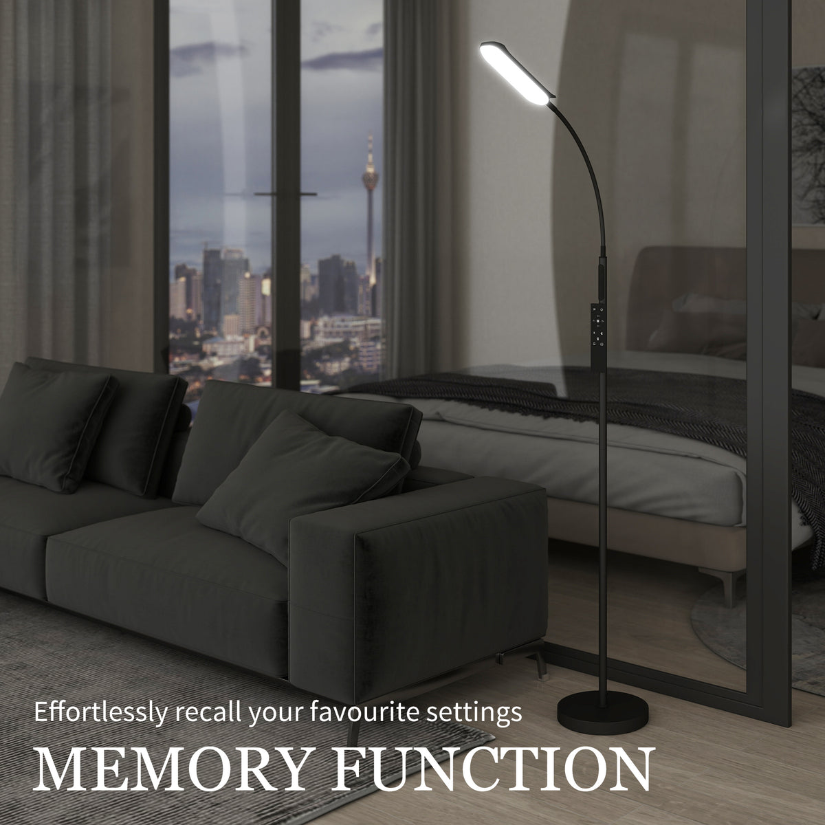 HOMCOM LED Floor Lamp, Standing Lamp with Remote & Touch Control, Stepless Dimmable Colours Temperature & Brightness, 360° Adjustable Gooseneck, 1 Hour Timer, Memory Function for Living Room, Black