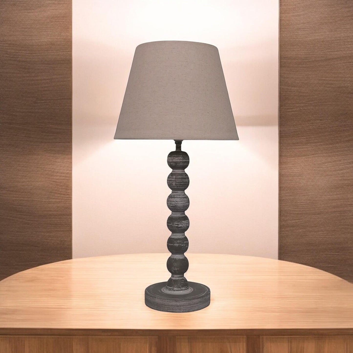 AcaciaHome Modern Tall Wooden Washed Table Lamp - Traditional Shabby Chic Design with Taupe Linen Shade, Wood Effect Finish for Living Rooms, Bedrooms, or Hallways Decor (42cm Dark Grey with Shade)