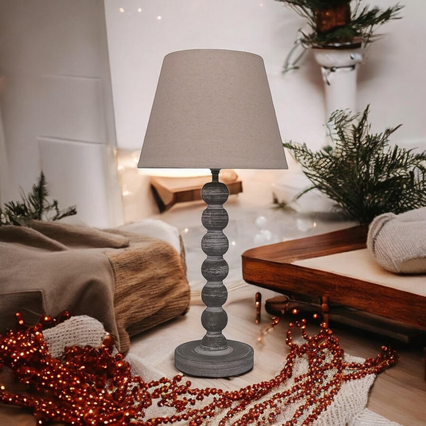 AcaciaHome Modern Tall Wooden Washed Table Lamp - Traditional Shabby Chic Design with Taupe Linen Shade, Wood Effect Finish for Living Rooms, Bedrooms, or Hallways Decor (42cm Dark Grey with Shade)