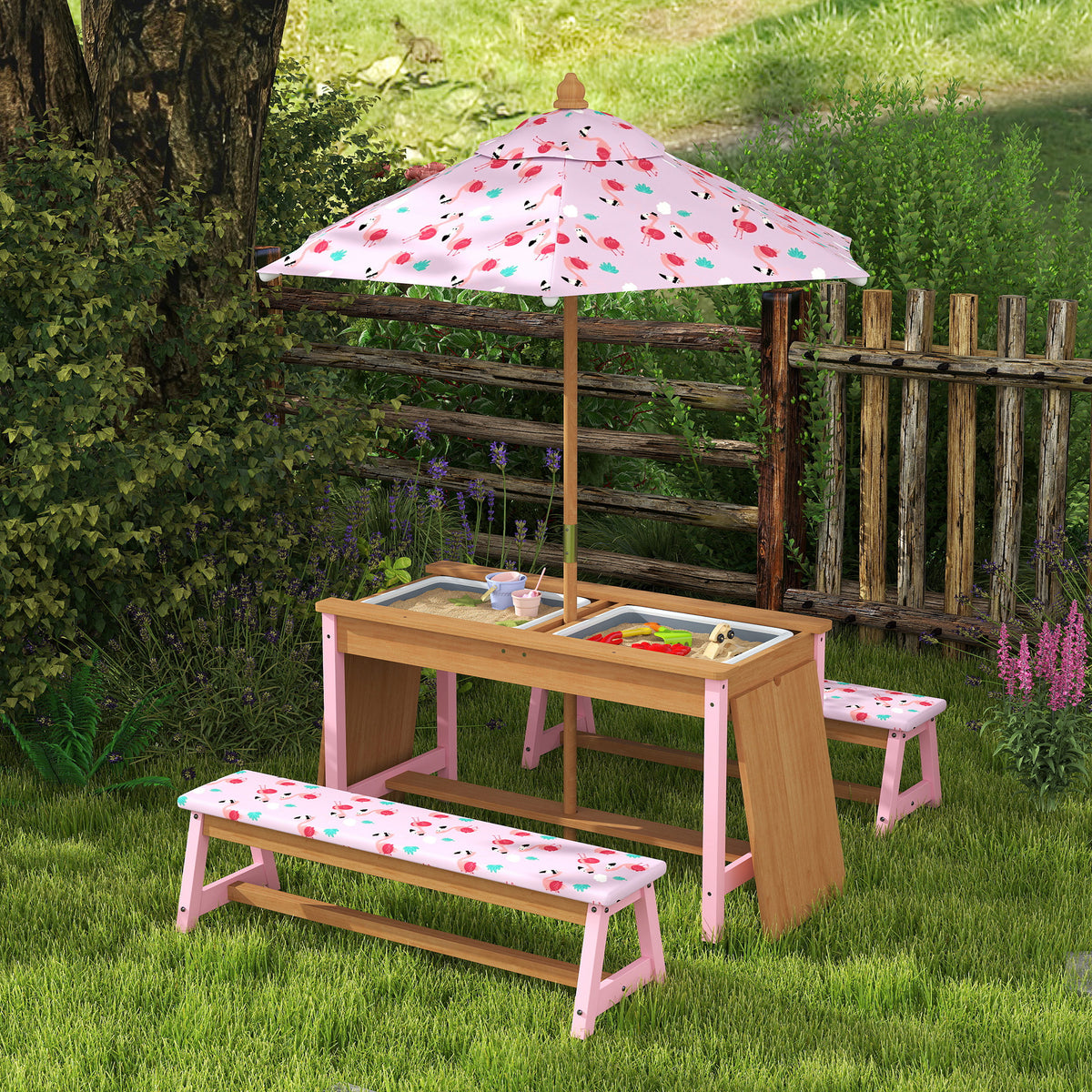 AIYAPLAY Kids Picnic Table Set with Removable & Foldable Umbrella, Storage Boxes, Flamingo Theme, Pink