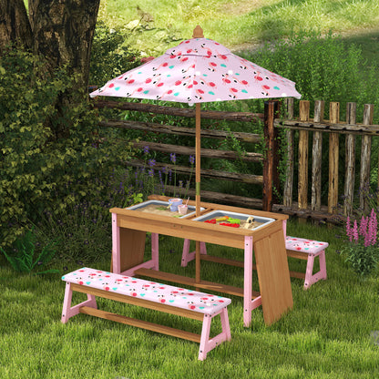 AIYAPLAY Kids Picnic Table Set with Removable & Foldable Umbrella, Storage Boxes, Flamingo Theme, Pink