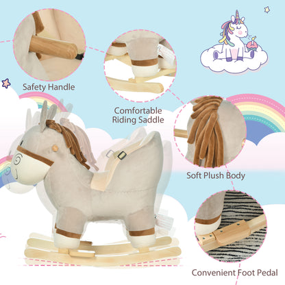 HOMCOM Kids Rocking Horse, Children Plush Ride On Donkey Animal Rocker w/ Sound, Wood Base Seat, Seat Belt, Baby Toy Rocker for Toddler 18 - 36 Months, Grey