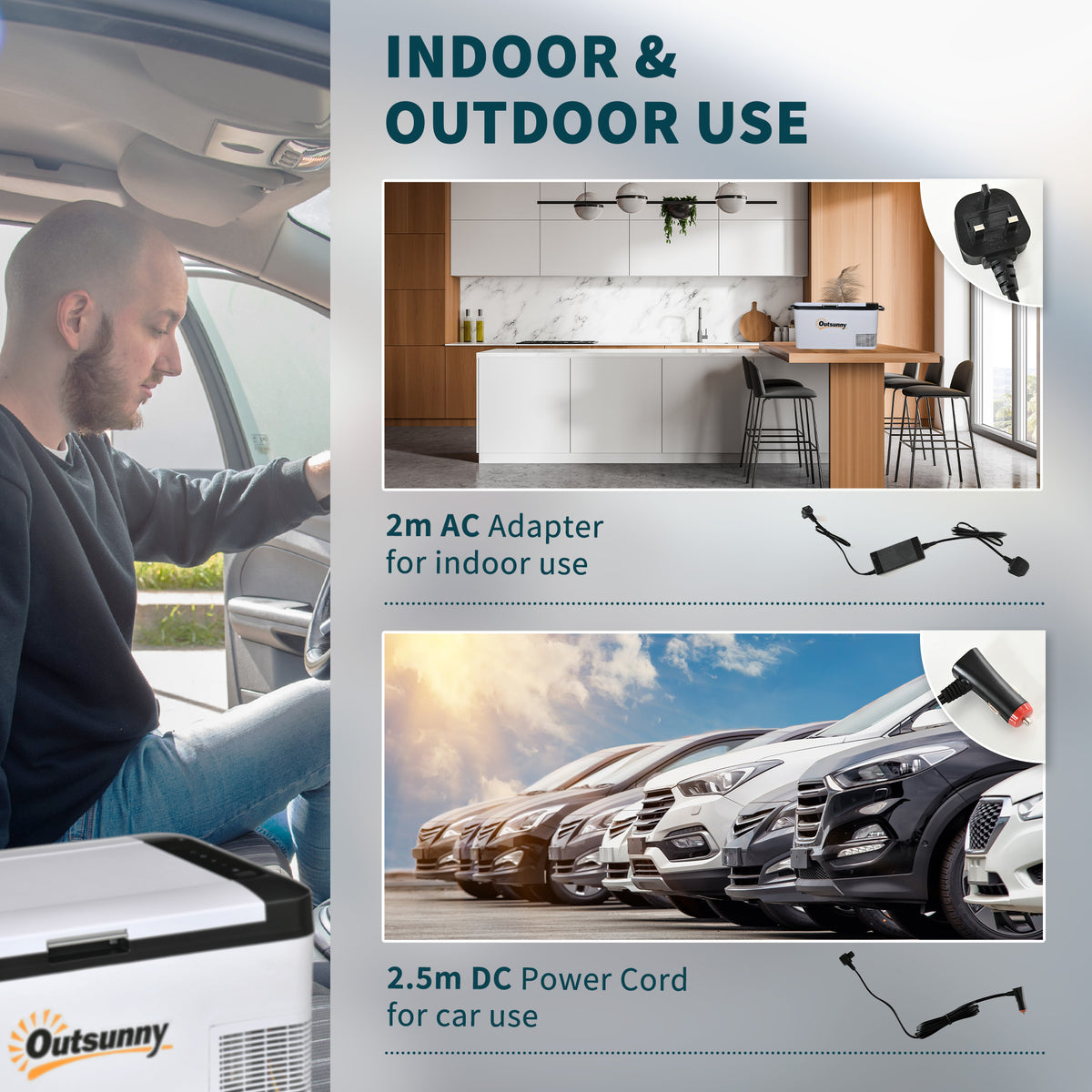 Outsunny 12V Car Refrigerator w/ LED Light & Foldable Handles, 25L Portable Compressor Cooler, Fridge Freezer with 12/24V DC and 110-240V AC for Campervan RV Boat Travel