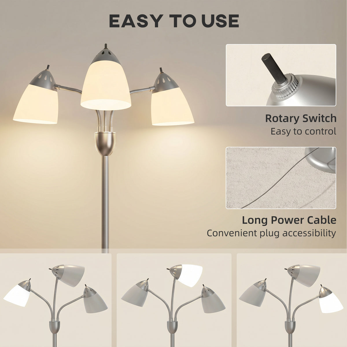 HOMCOM Arc Tree Floor Lamp with 3 Adjustable Rotating Lights and 3000K/4500K/6500K Colour Temperatures, Silver Tone