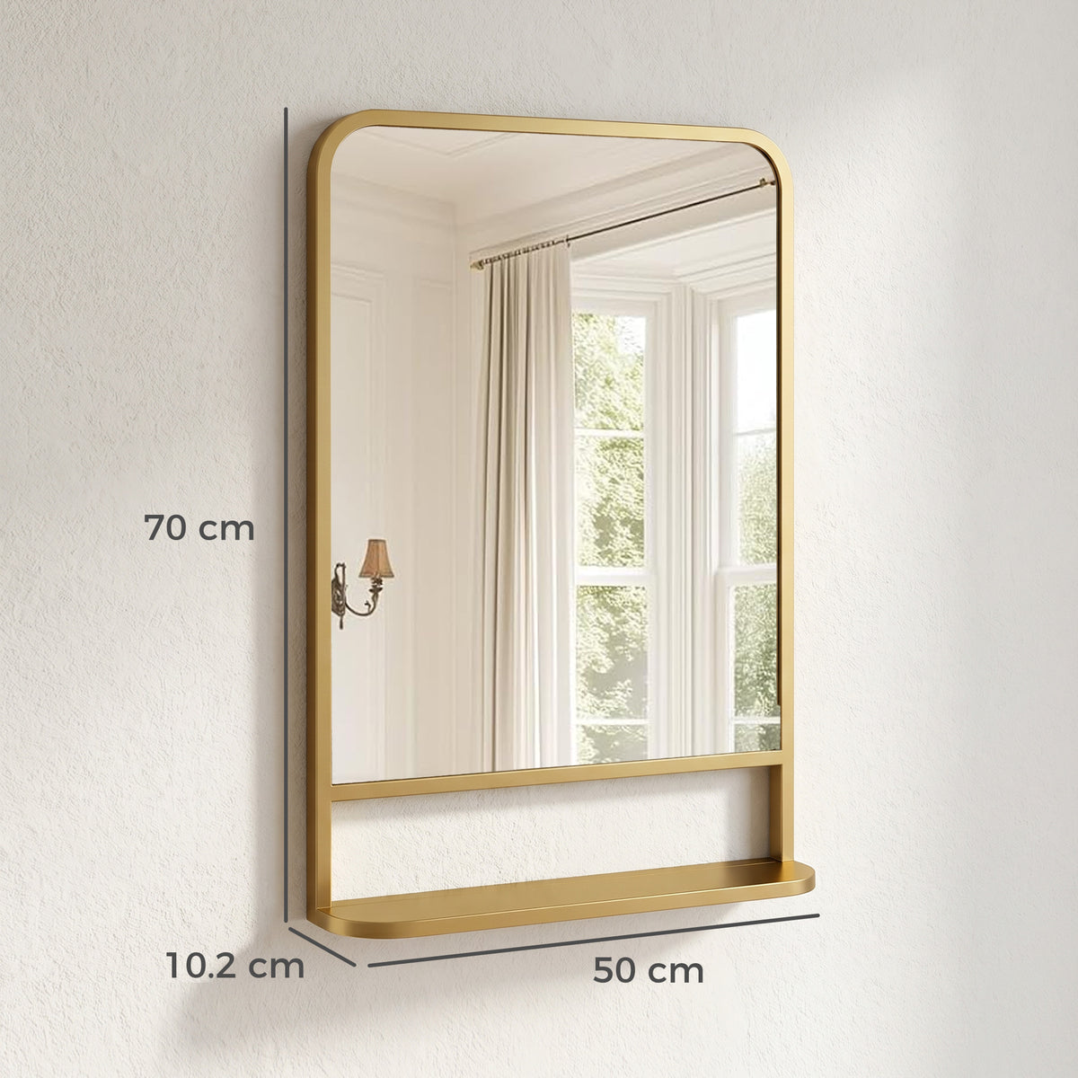 HOMCOM Modern Rectangular Wall Mirror with Storage Shelf, 70 x 50 cm, Gold Tone