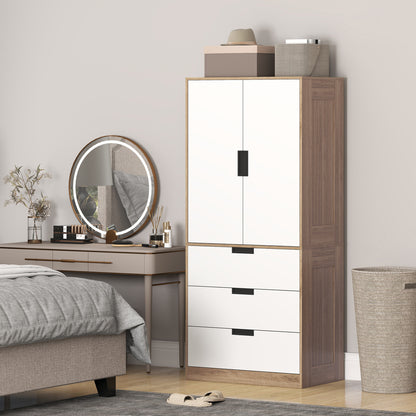 HOMCOM Modern Clothes Storage Cupboard Unit, 3 Drawer 2 Door Wardrobe with Hanging Rod, White/Brown