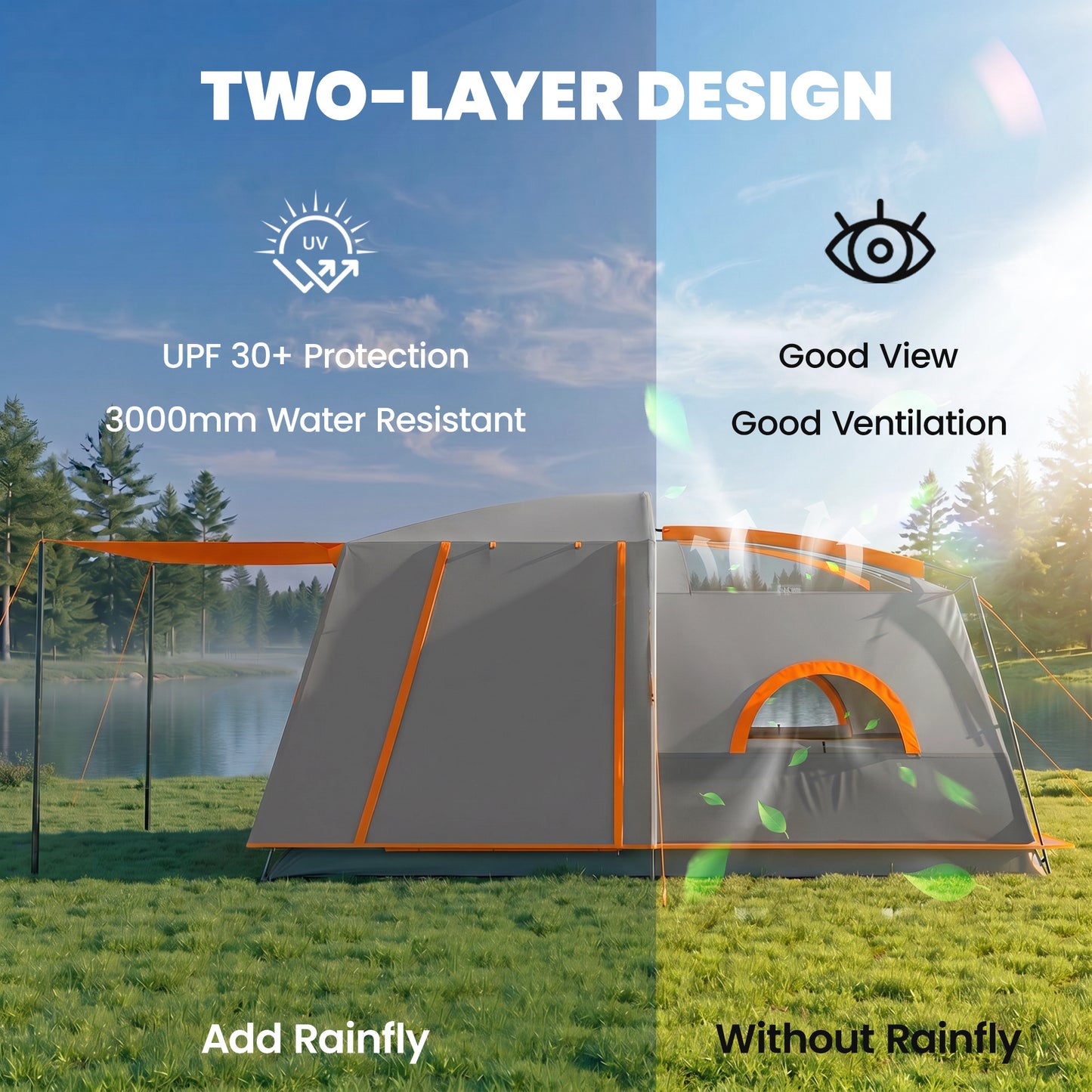 Outsunny 4-6 Man Camping Tent, Double Layer Tunnel Tent with Porch, Living Area and 2 Bedrooms, Sewn in Groundsheet