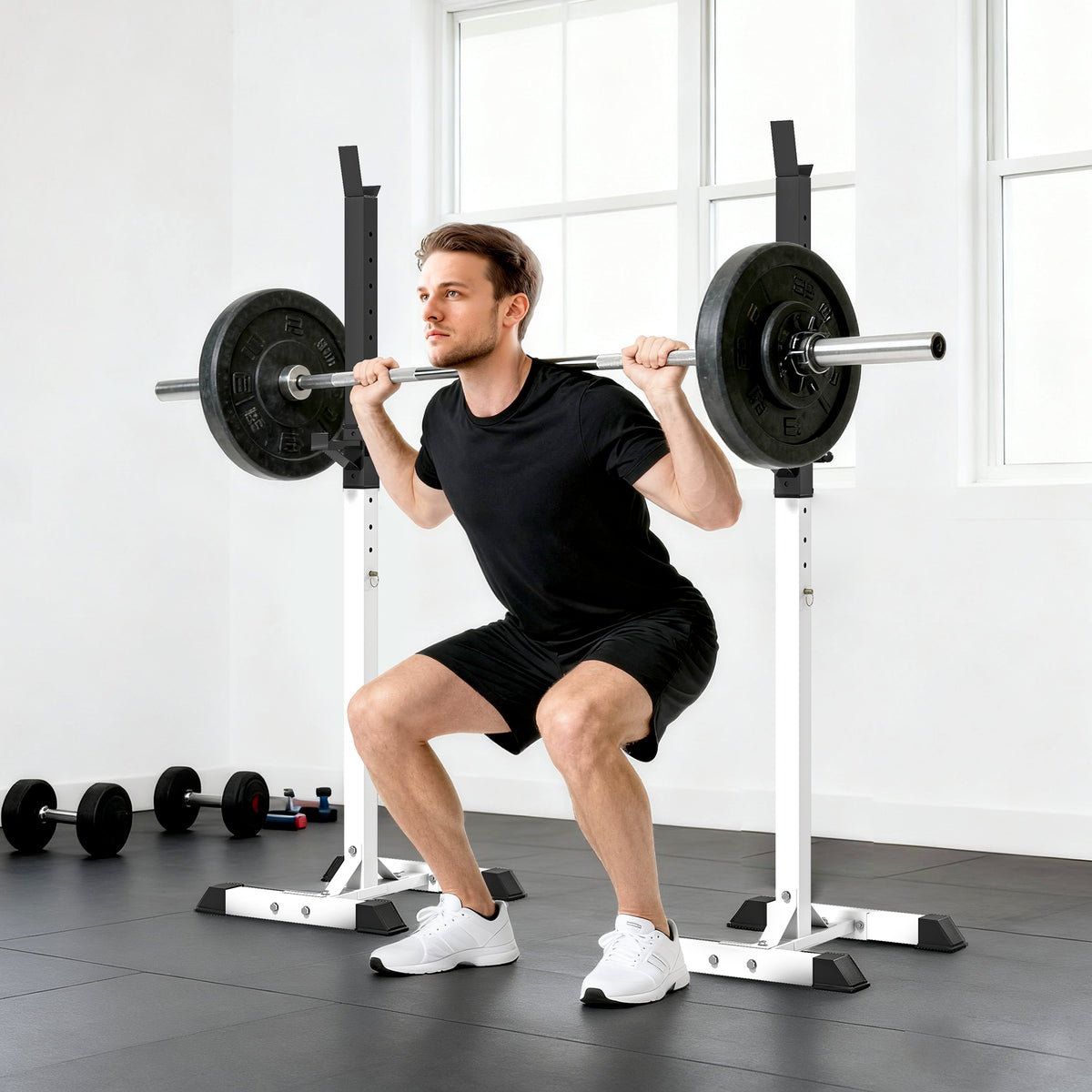 HOMCOM Heavy Duty Weight Bar Barbell Squat Stand Barbell Rack Spotter, for Home, Gym - Black
