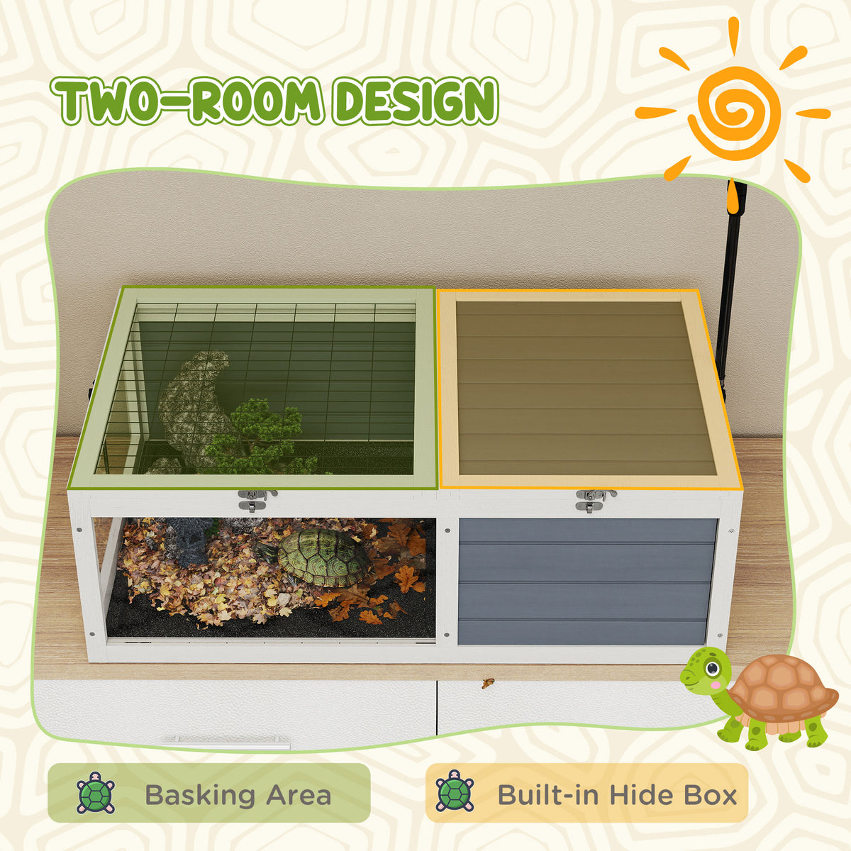 PawHut Tortoise Table with Adjustable Lamp Holder, Wooden Tortoise House w/ Openable Lids, Pull-Out Trays - Grey