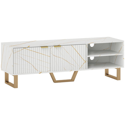 HOMCOM Marble Effect TV Unit, Modern TV Stand Cabinet for up to 70" TVs, with Shelves and Storage Cupboard, Fluted Door, Extra Centre Leg, Cable Management for Living Room, White