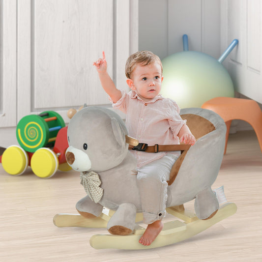 HOMCOM Kids Children Rocking Horse Plush Ride On Bear Seat w/ Sound Wood Base Seat Seat Belt Toddler Baby Toy for 18-36 Months Grey