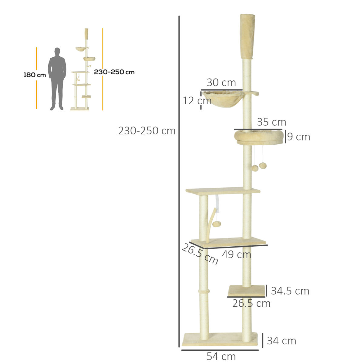 6-Tier Floor to Ceiling Cat Tree with Scratching Post, Bed, Hammock, Beige