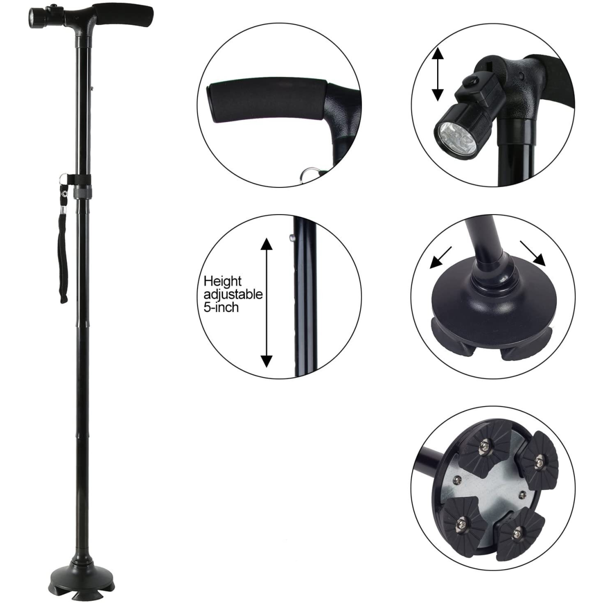 5-Levels Adjustable Height Walking Stick Portable Foldable Cane Travel Camping Hiking Walking Cane w/LED Light