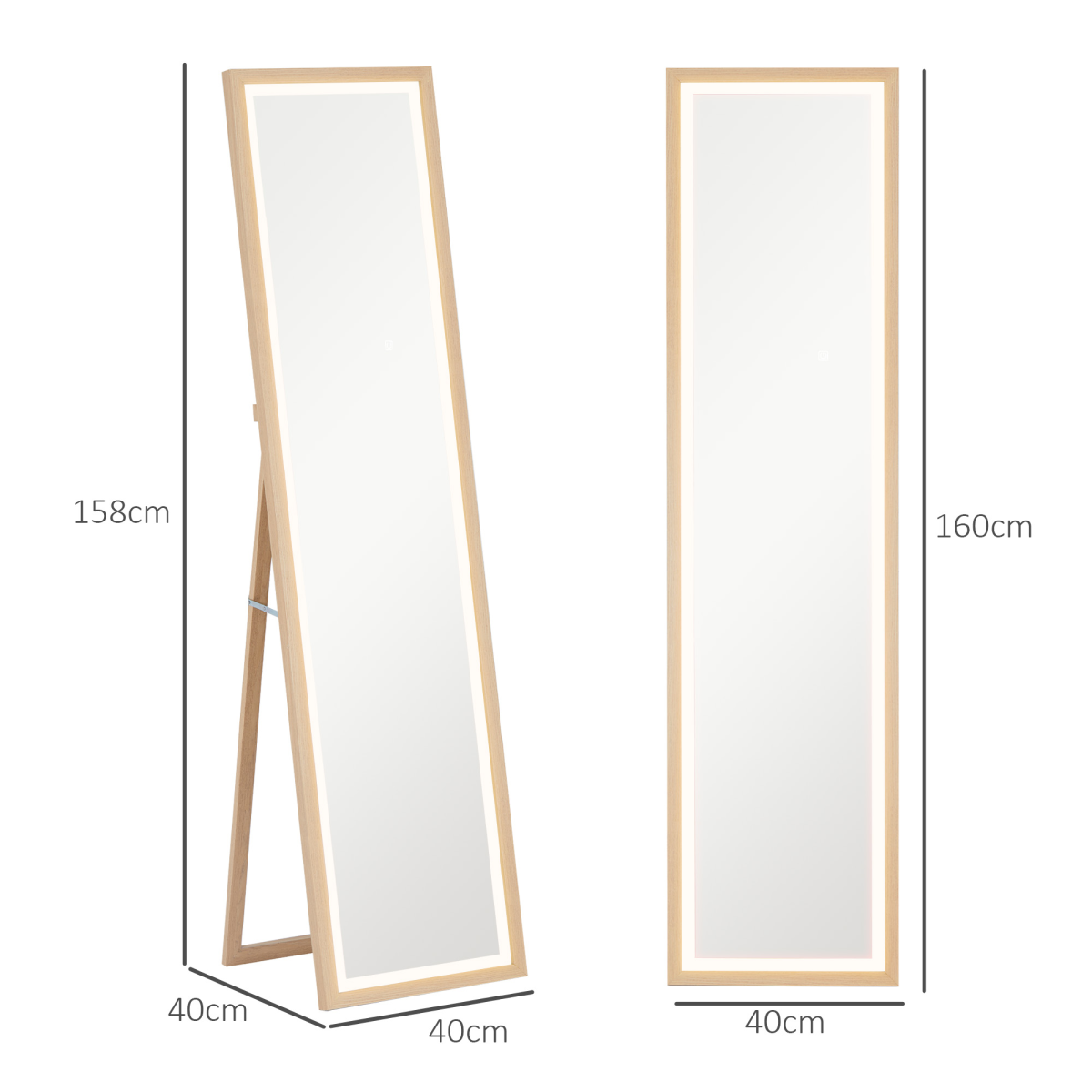 HOMCOM Dimming Full Length Mirror w/ Lights Standing Leaning Wall Mount Oak