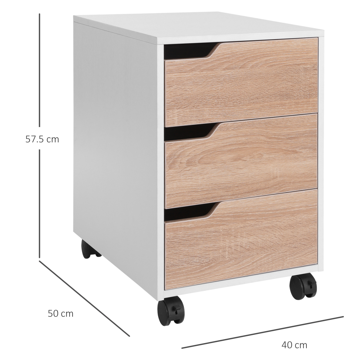 MDF Mobile File Cabinet w/ 3 Drawers Locking Wheels Metal Rails Oak Tone White